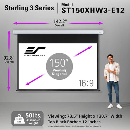 A product infographic for the Elite Screens Starling 3 Series Model ST150XHW3-E12 projector screen. The image features a 3D rendering of the screen with dimension annotations (142.