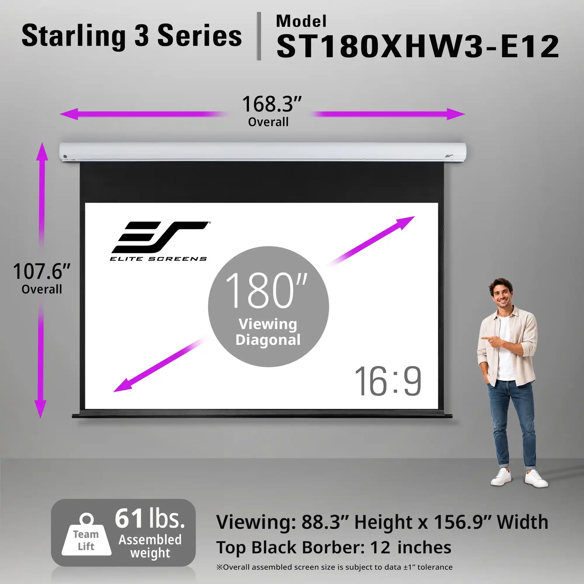 Elite Screens Starling 3 Series retractable projection screen shown with dimension arrows and text overlays, plus a small standing man illustration on the right against a gray background.