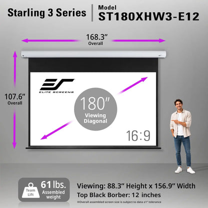 Elite Screens Starling 3 Series retractable projection screen shown with dimension arrows and text overlays, plus a small standing man illustration on the right against a gray background.