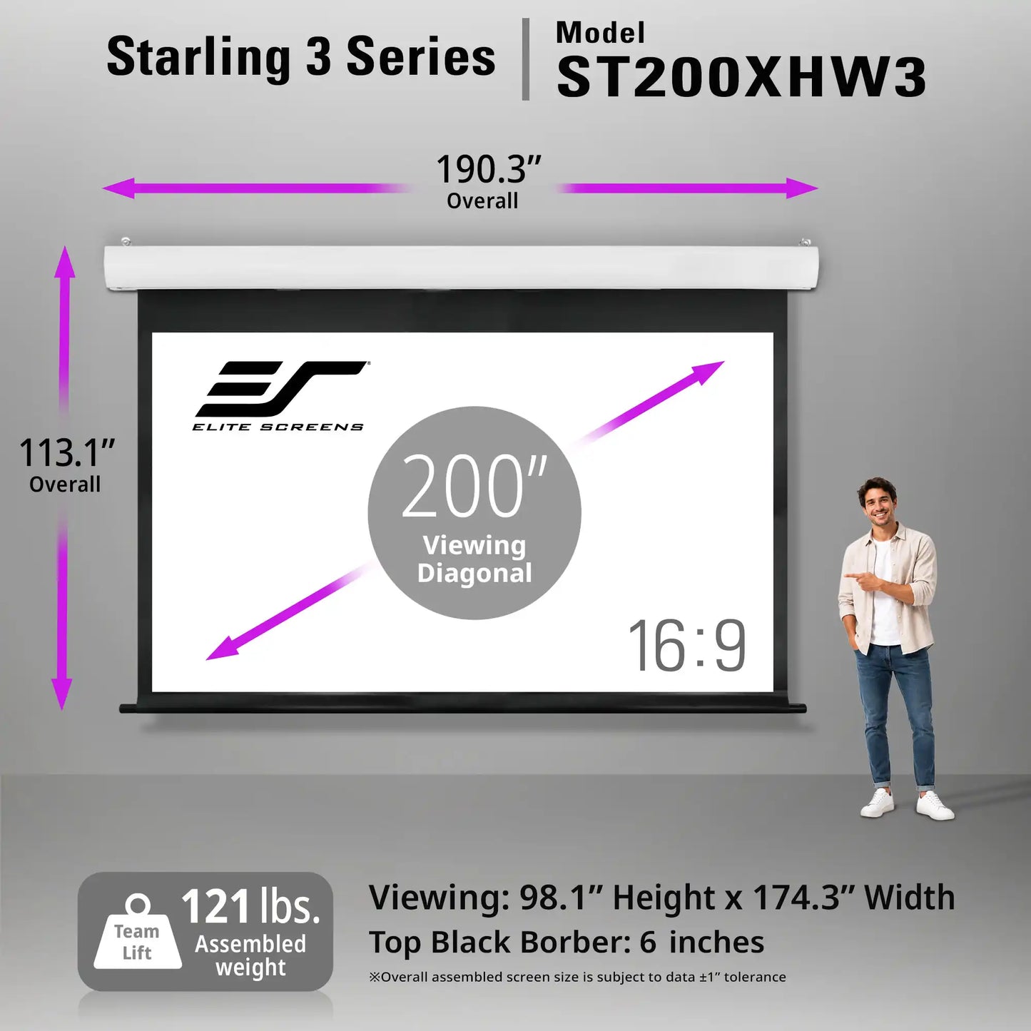 Elite Screens Starling 3 Series retractable projection screen, Model ST200XHW3, shown with dimension annotations (overall 190.3 inches, viewing diagonal 200 inches, height 113.