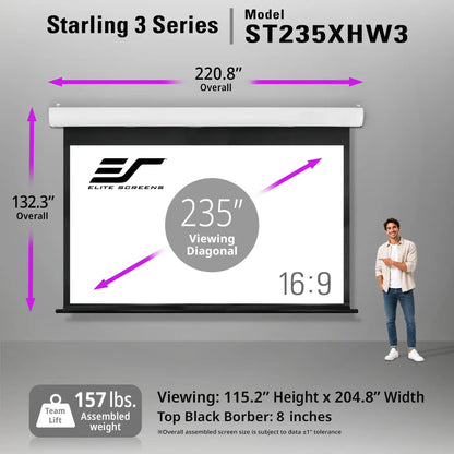Elite Screens Starling 3 Series 235-inch projector screen shown in a studio-style product graphic with dimension arrows, a small human model beside it, and text listing model ST235XHW3, overall size 220.8 x 132.