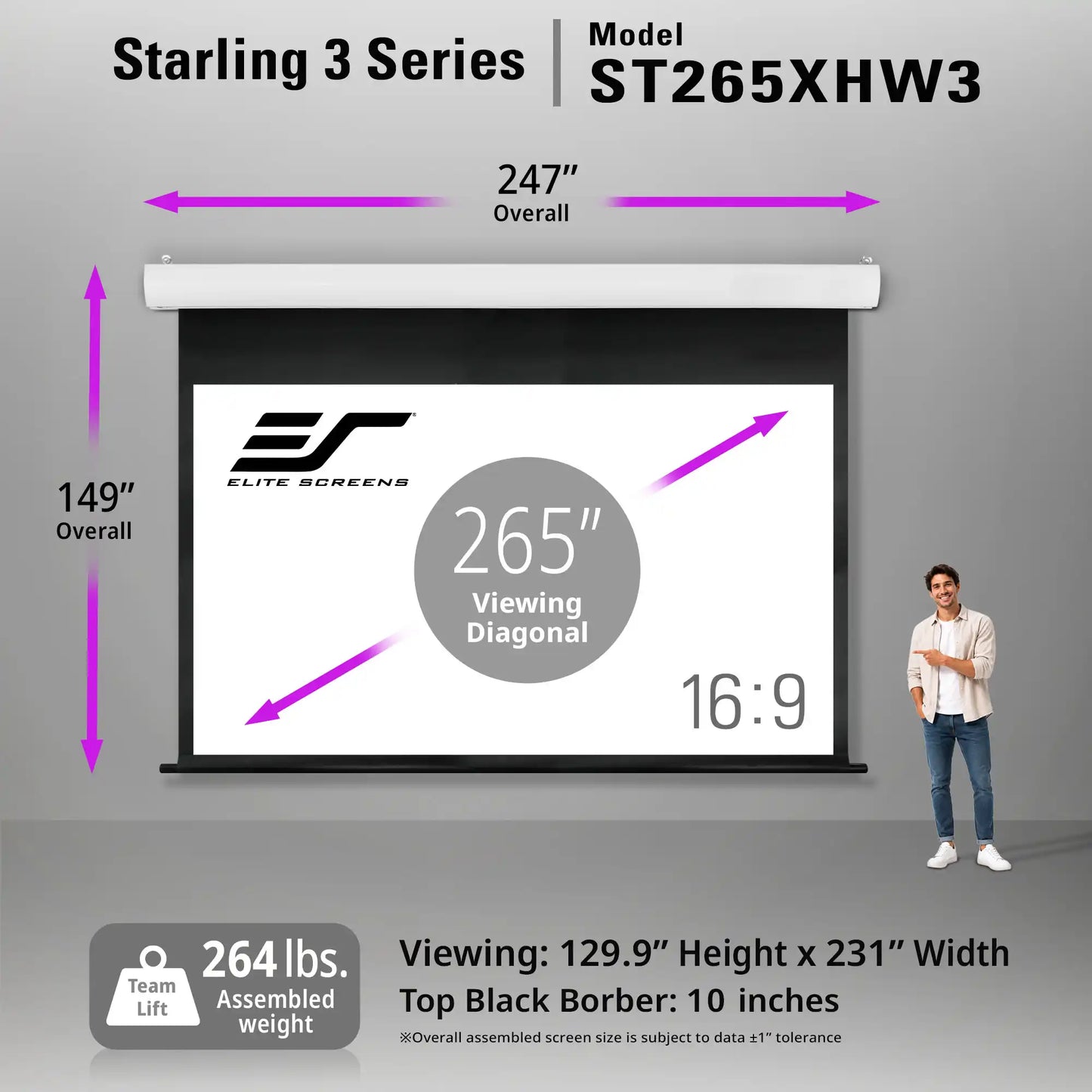 Elite Screens Starling 3 Series model ST265XHW3 retractable projection screen shown with dimension arrows indicating 247" overall width and 149" overall height. The screen is white with a black border, and a small man stands to the right for scale.