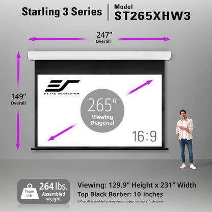 Elite Screens Starling 3 Series model ST265XHW3 retractable projection screen shown with dimension arrows indicating 247" overall width and 149" overall height. The screen is white with a black border, and a small man stands to the right for scale.