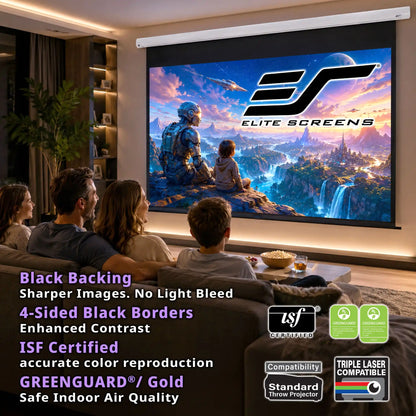 A large Elite Screens projector screen shown in a living room setting, displaying a colorful sci-fi landscape with characters. The scene includes families watching the screen and promotional text highlighting features like black backing, 4-sided black borders, enhanced contrast, and greenGUARD safe indoor air quality.