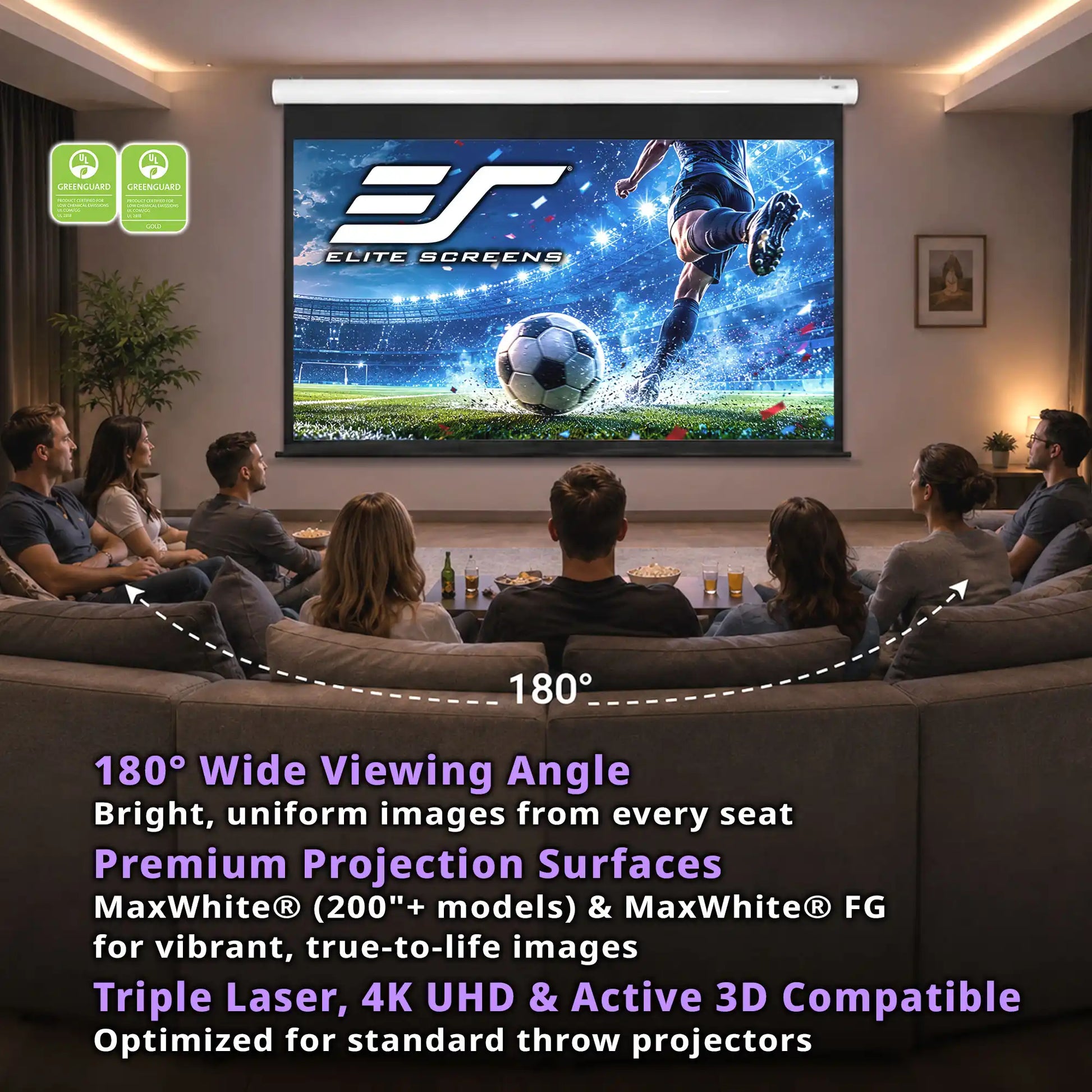 A home theater scene showing a large projector screen displaying a soccer match, with several people seated on a couch in front. The image includes marketing text highlighting a 180° wide viewing angle, premium projection surfaces, and compatibility with triple laser, 4K UHD, and active 3D projectors.