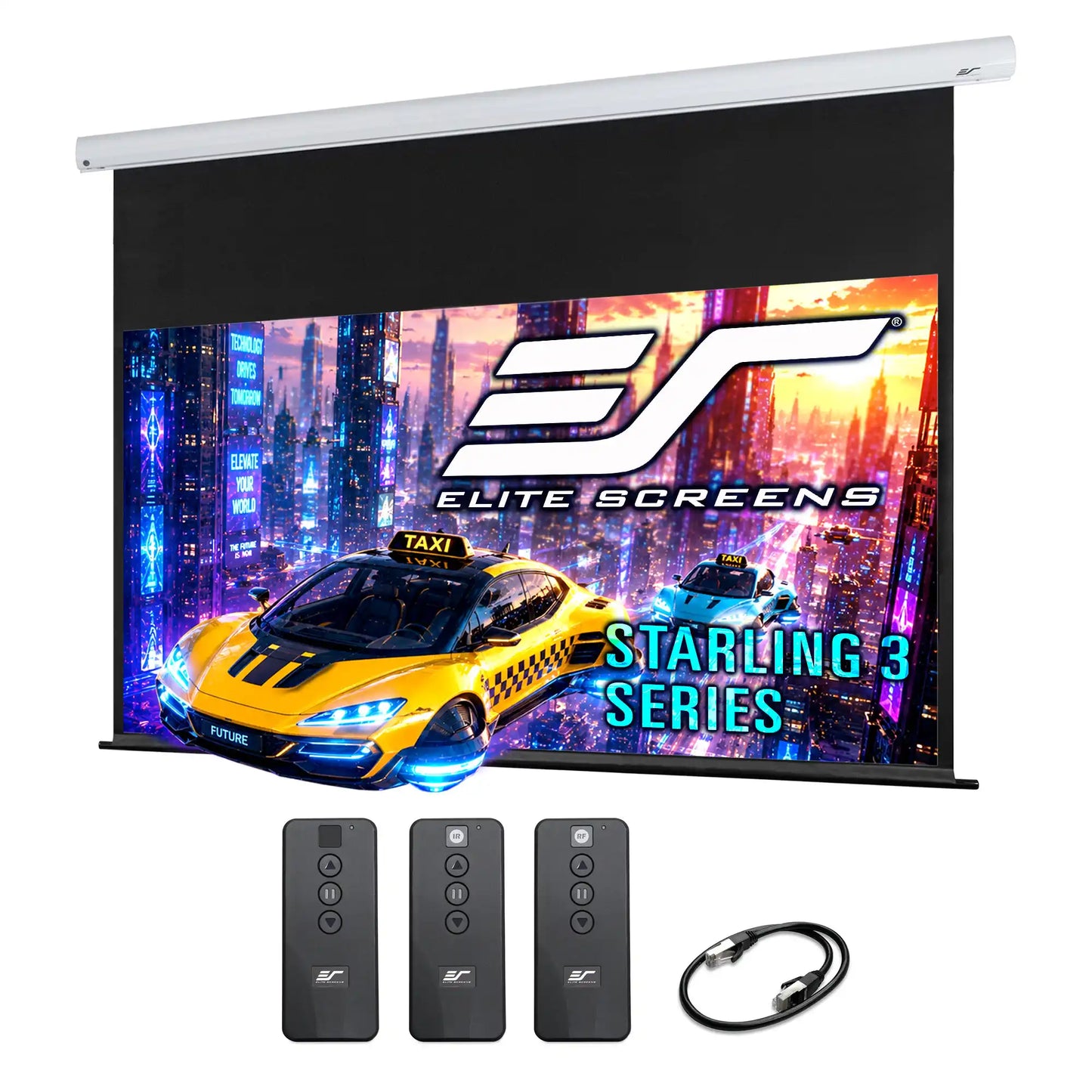 Elite Screens Starling 3 Series motorized projection screen with a black fabric surface, shown with three remote controls and a power cable below. The screen displays a colorful graphic of a yellow taxi in a neon city at night.