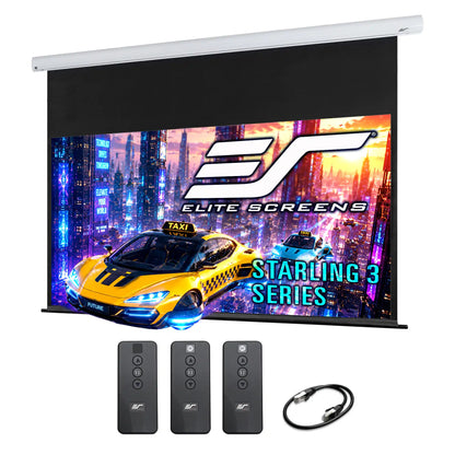 Elite Screens Starling 3 Series motorized projection screen with a black fabric surface, shown with three remote controls and a power cable below. The screen displays a colorful graphic of a yellow taxi in a neon city at night.