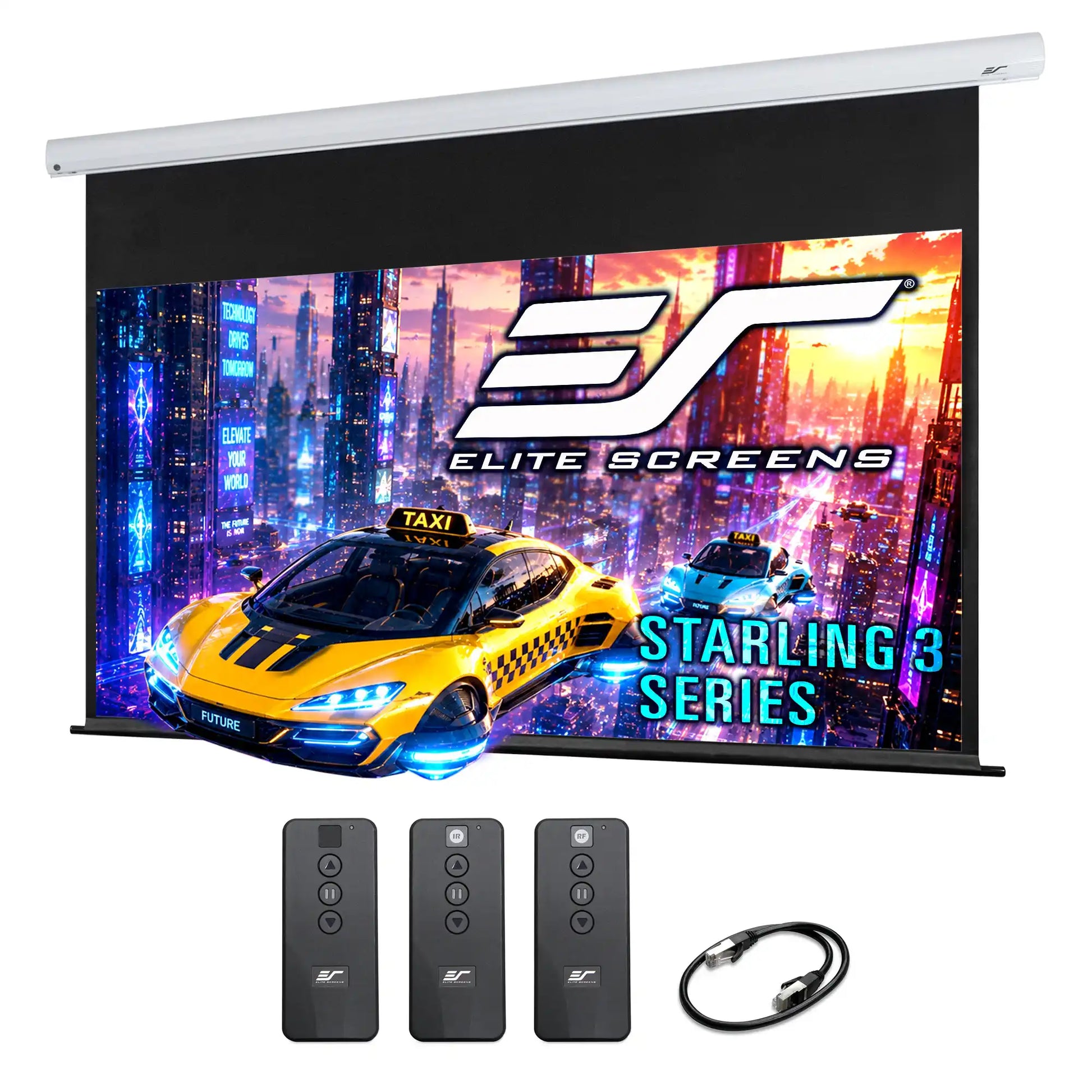 Elite Screens Starling 3 Series motorized projection screen with a black fabric drop-down panel, shown with three remote controls and a power cable below on a white background.