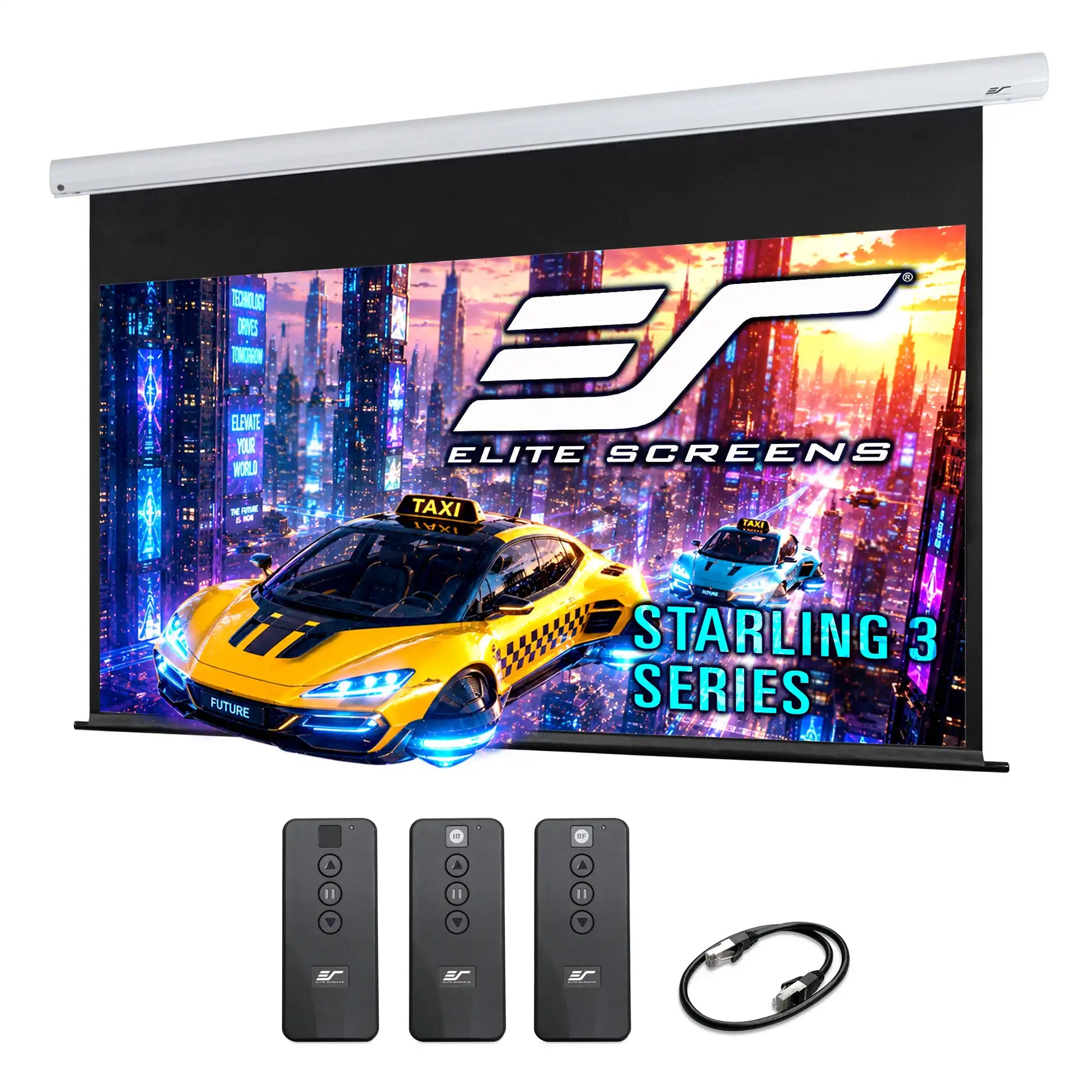 Elite Screens Starling 3 Series motorized projector screen with a white top rail, shown with three remote controls and a power cable below the screen on a white background.