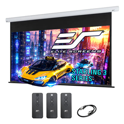 Elite Screens Starling 3 Series motorized projector screen with a white top rail, shown with three remote controls and a power cable below the screen on a white background.