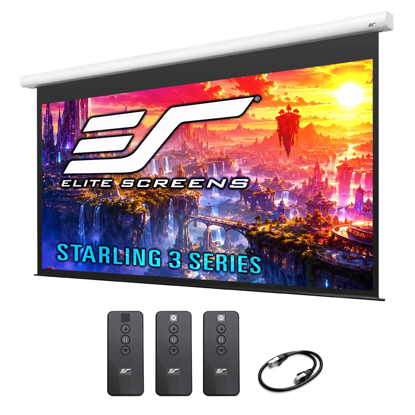 Elite Screens Starling 3 Series home theater screen kit with a white motorized retractable screen, three black wireless remote controls, and a black power cable, shown against a white background with the screen displaying a colorful fantasy landscape and the Elite Screens branding.