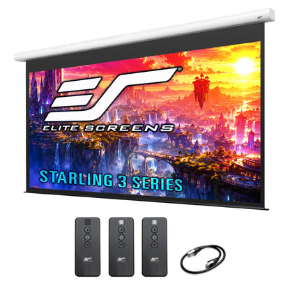Elite Screens Starling 3 Series home theater screen kit with a white motorized retractable screen, three black wireless remote controls, and a black power cable, shown against a white background with the screen displaying a colorful fantasy landscape and the Elite Screens branding.