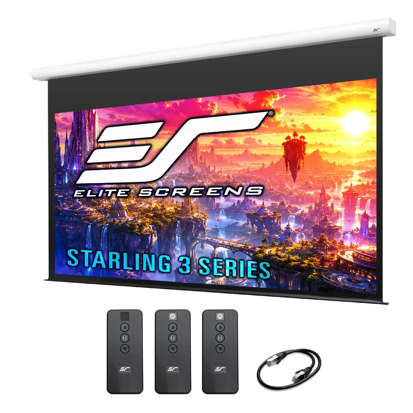 Elite Screens Starling 3 Series motorized projection screen shown with three remote controls and a power cable on a white background.