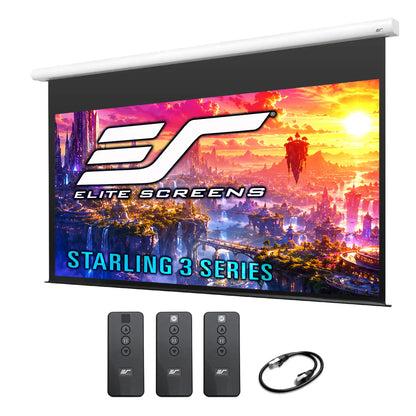 Elite Screens Starling 3 Series motorized projection screen shown with three remote controls and a power cable on a white background.