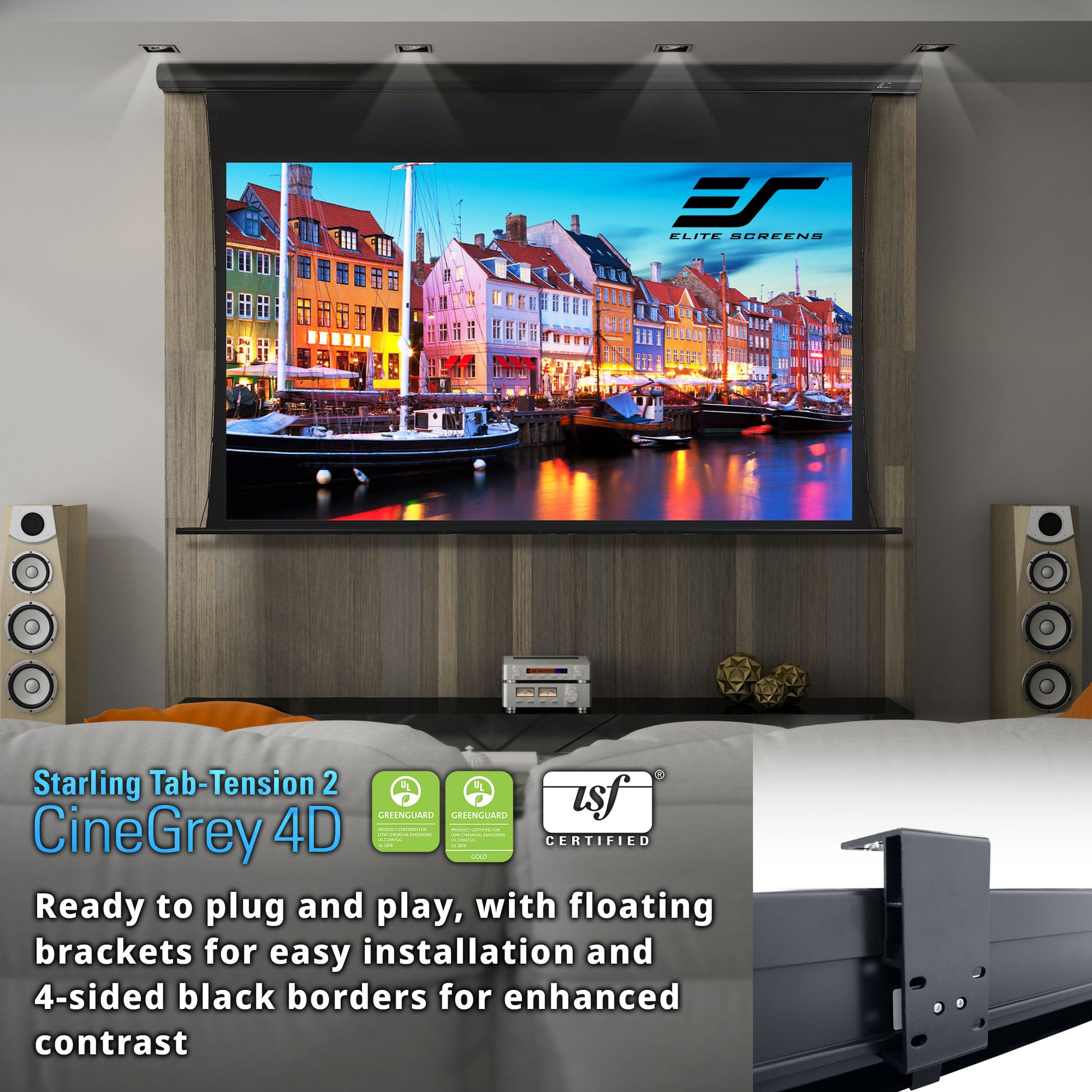 Home theater setup with Elite Screens projector screen displaying a colorful cityscape.