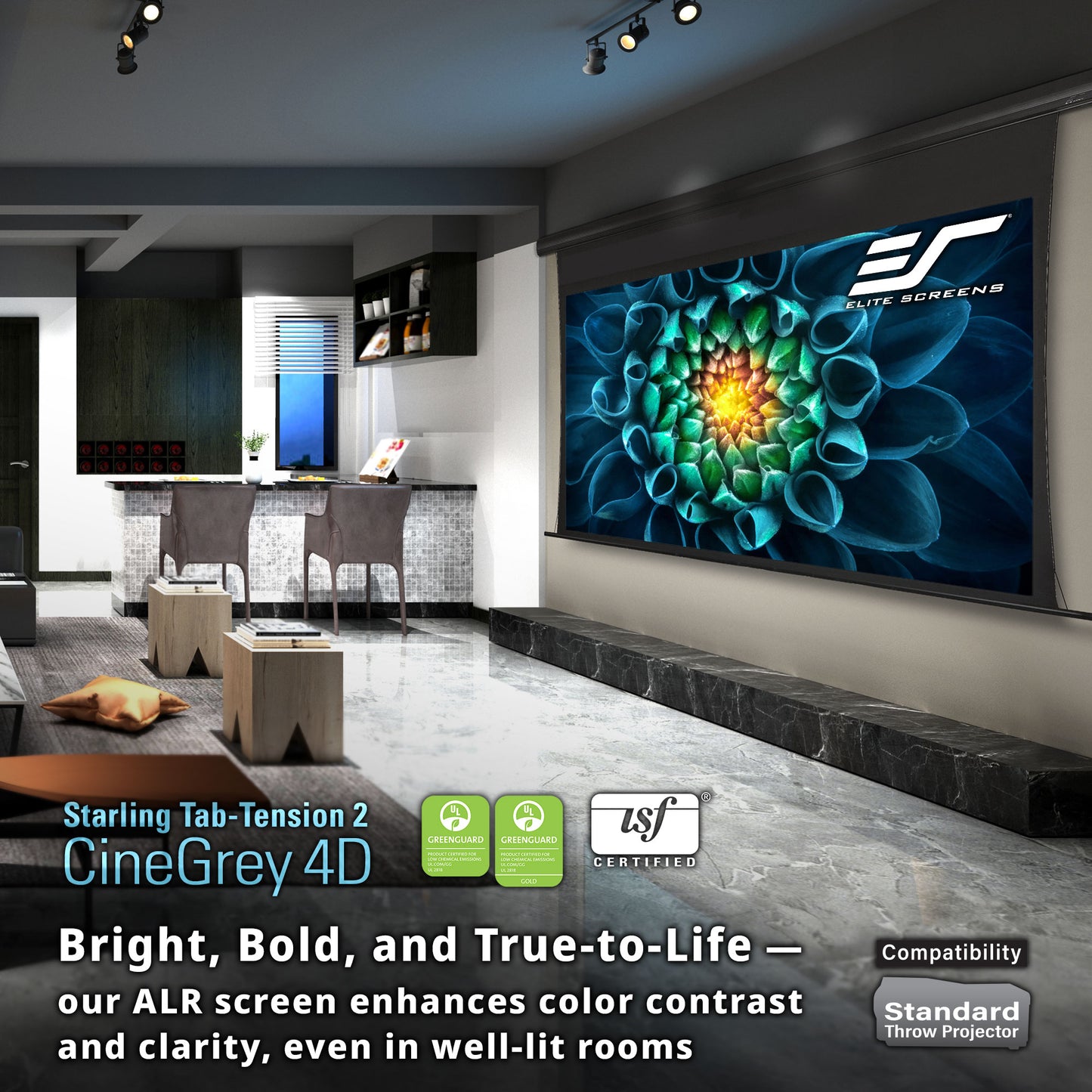 Modern home theater setup with a large screen displaying colorful graphics, featuring Elite Screens branding.