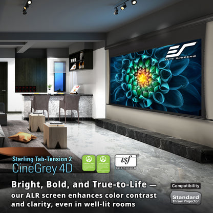 Modern home theater setup with a large screen displaying colorful graphics, featuring Elite Screens branding.