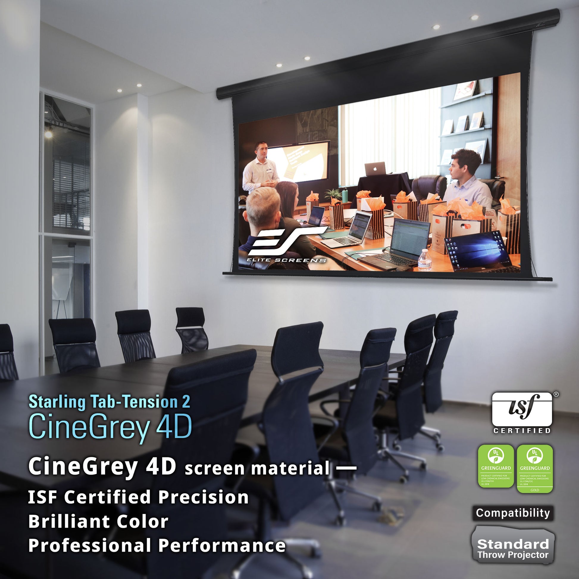 Conference room with a large projector screen displaying a meeting, featuring CineGrey 4D screen material.