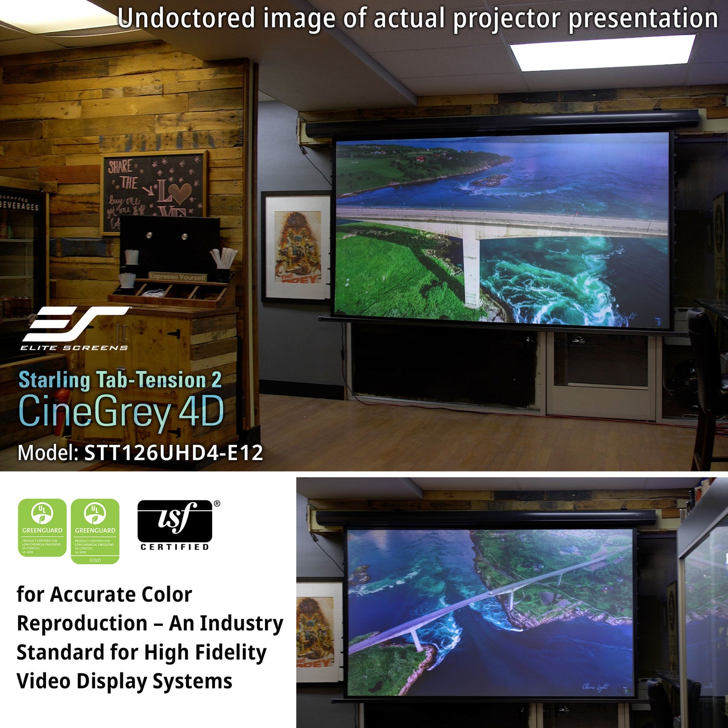 Projector screen with a bridge image on a wall, featuring Elite Screens and USF certification logos.