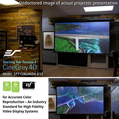 Projector screen with a bridge image on a wall, featuring Elite Screens and USF certification logos.