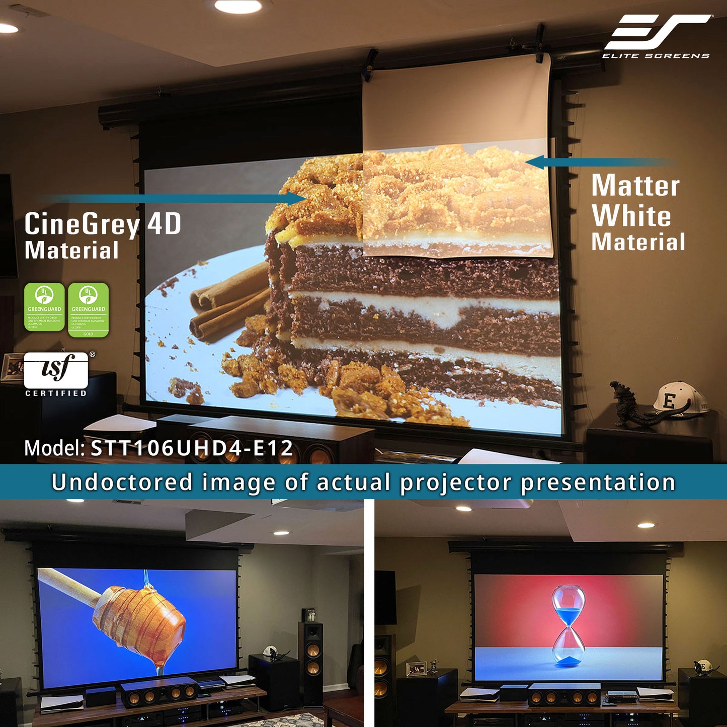 Elite Screens projector screen displaying a cake and honey on a screen with Matter White material.