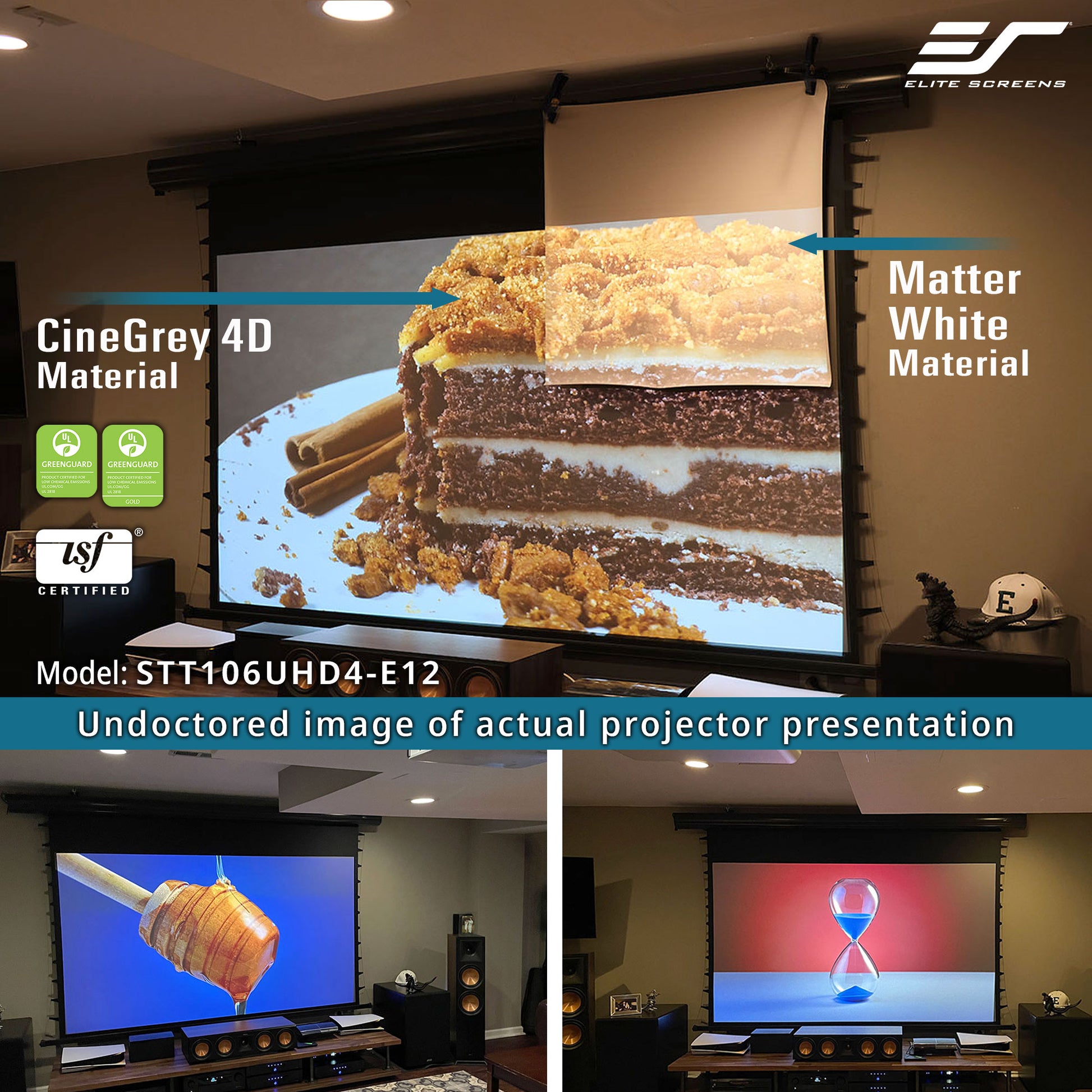 Elite Screens projector screen displaying a cake and honey on a screen with Matter White material.
