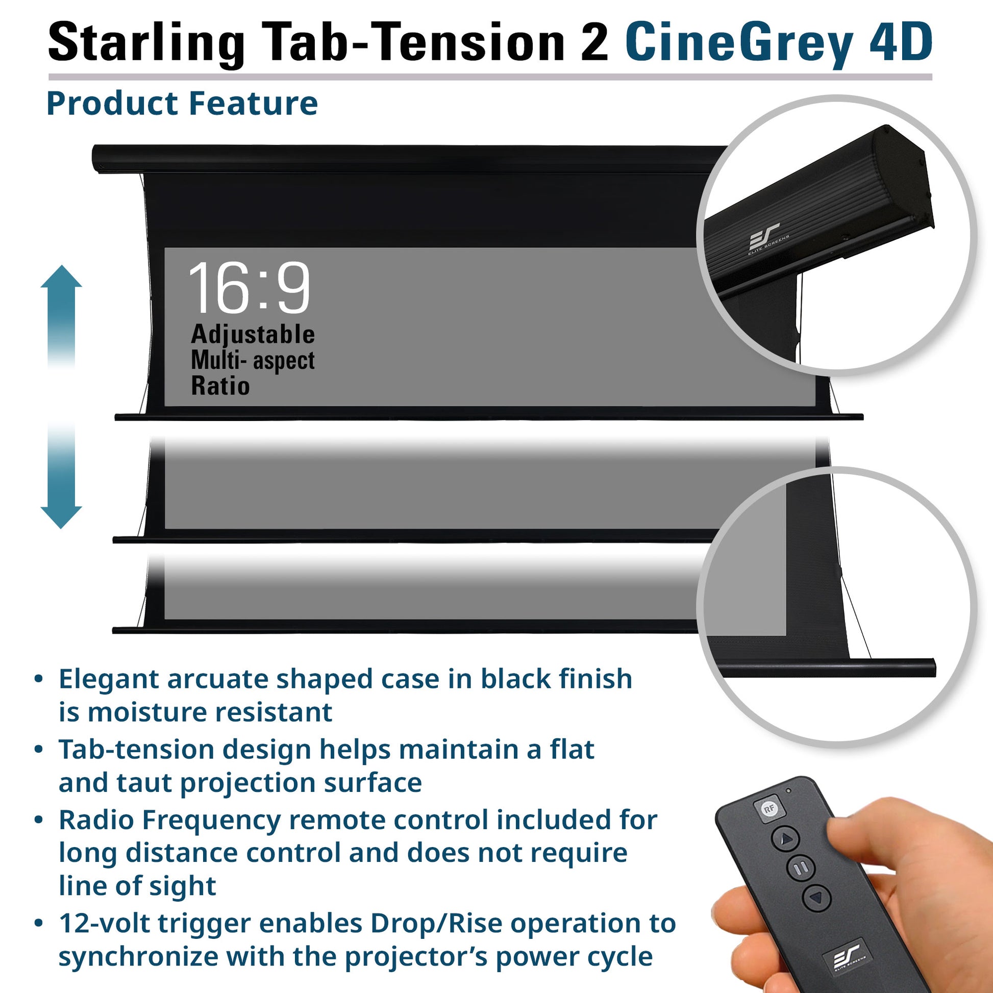 Starling Tab-Tension 2 CineGrey 4D product feature display with screen and remote control.