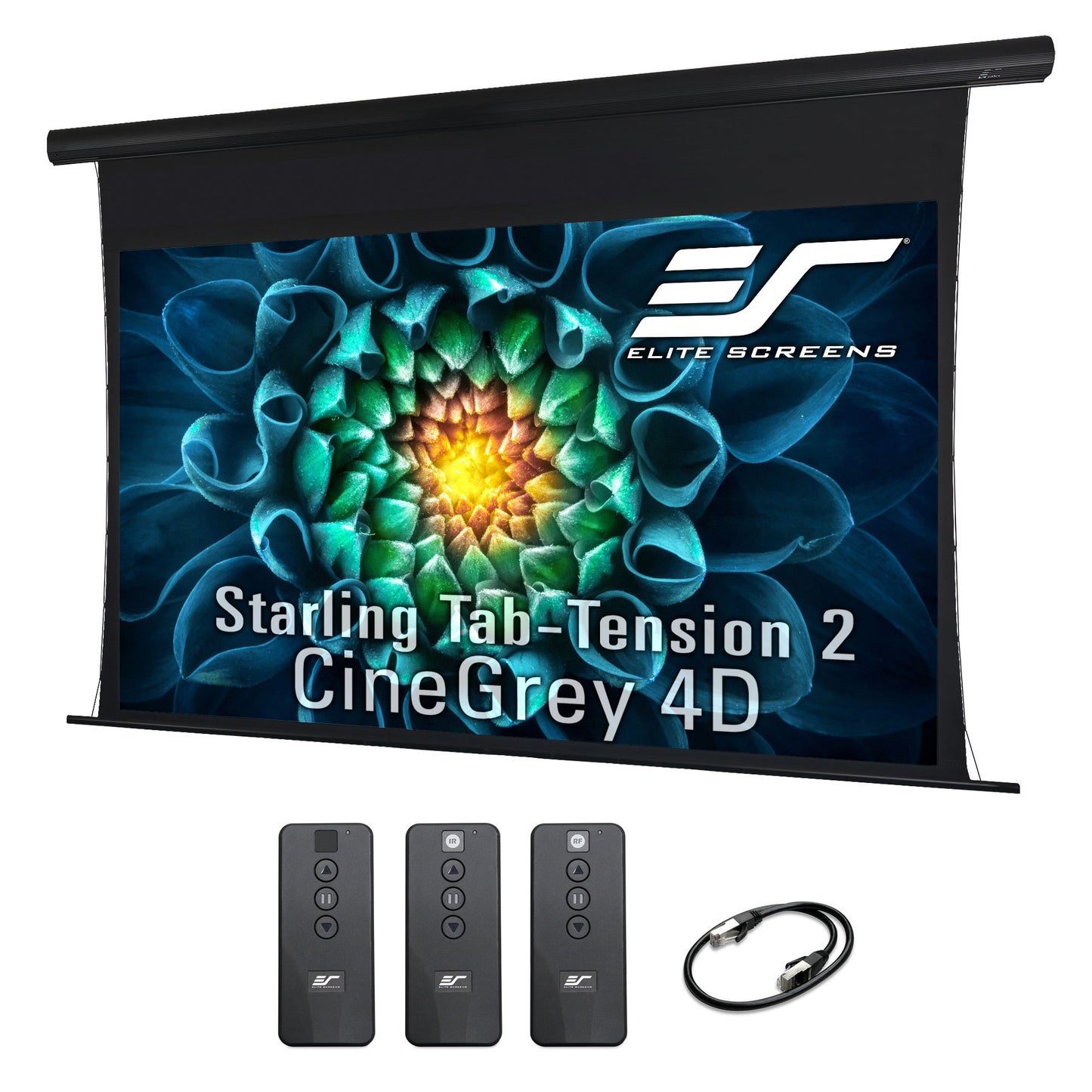 Elite Screens Starling Tab-Tension 2 CineGray 4D projection screen with remote controls and cable on a white background