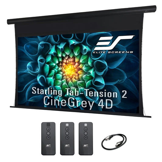 Elite Screens Starling Tab-Tension 2 CineGray 4D projection screen with remote controls and cable on a white background