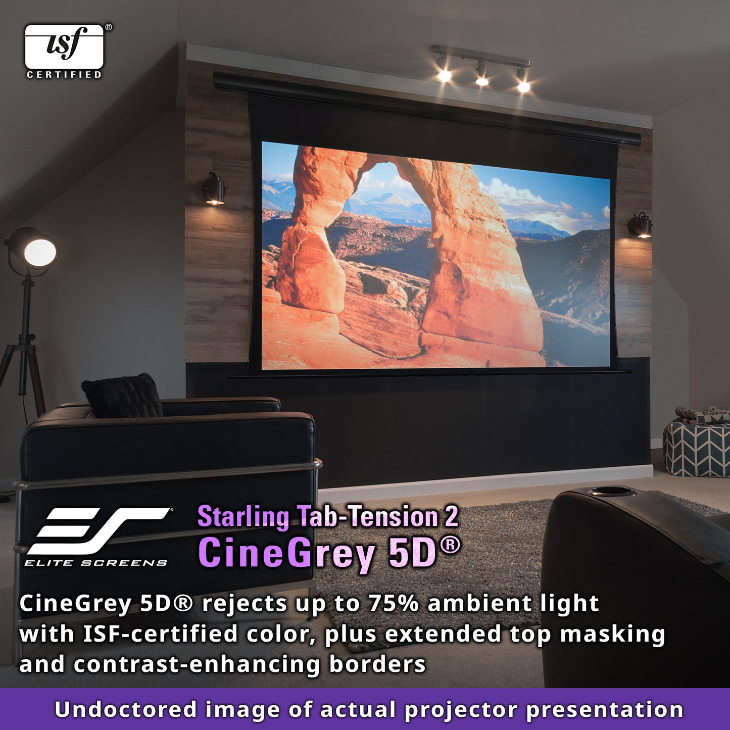 Home theater setup with Elite Screens Starling Tab-Tension 2 CineGray 5D projector screen displaying a desert landscape.
