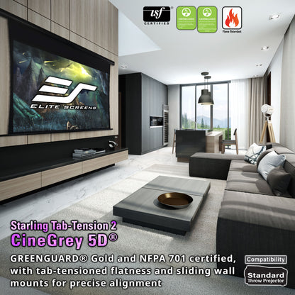 Modern living room with Elite Screens CineGrey 5D projector screen, featuring certification logos.