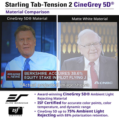 Comparison of CineGrey 5D material with a news anchor and ISF certification details.