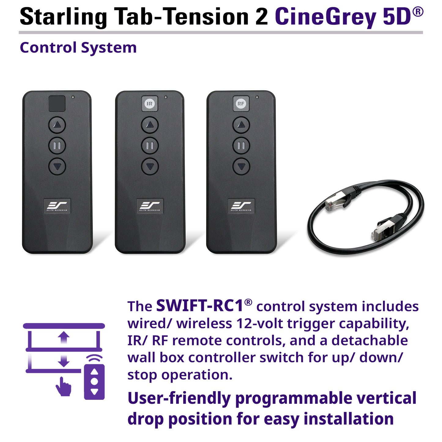Starling Tab-Tension 2 CineGrey 5D control system with remote controls and cable on a white background.