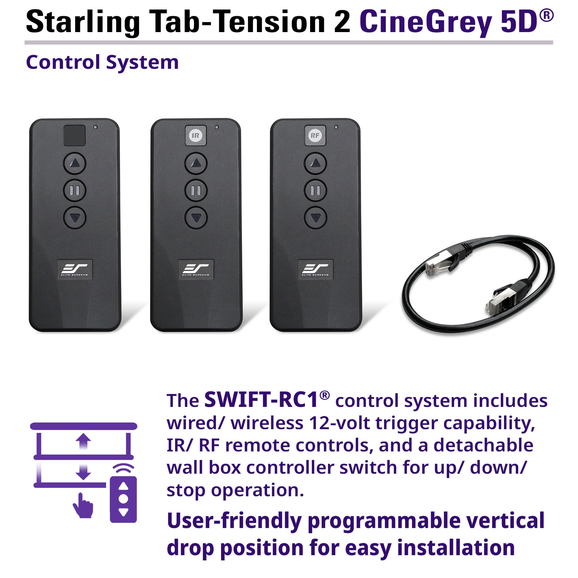 Starling Tab-Tension 2 CineGrey 5D control system with remote controls and cable on a white background.