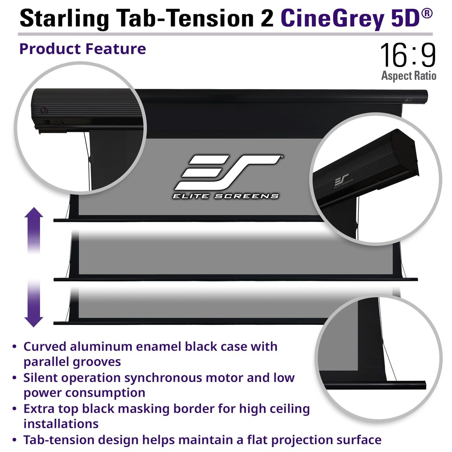 Elite Screens Starling Tab-Tension 2 CineGrey 5D projector screen with features highlighted.