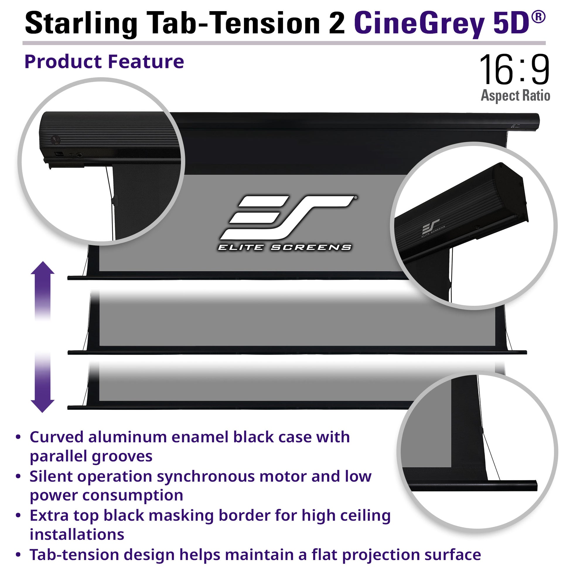 Elite Screens Starling Tab-Tension 2 CineGrey 5D projector screen with features highlighted.