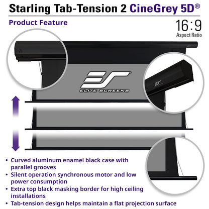 Elite Screens Starling Tab-Tension 2 CineGrey 5D projector screen with features highlighted.