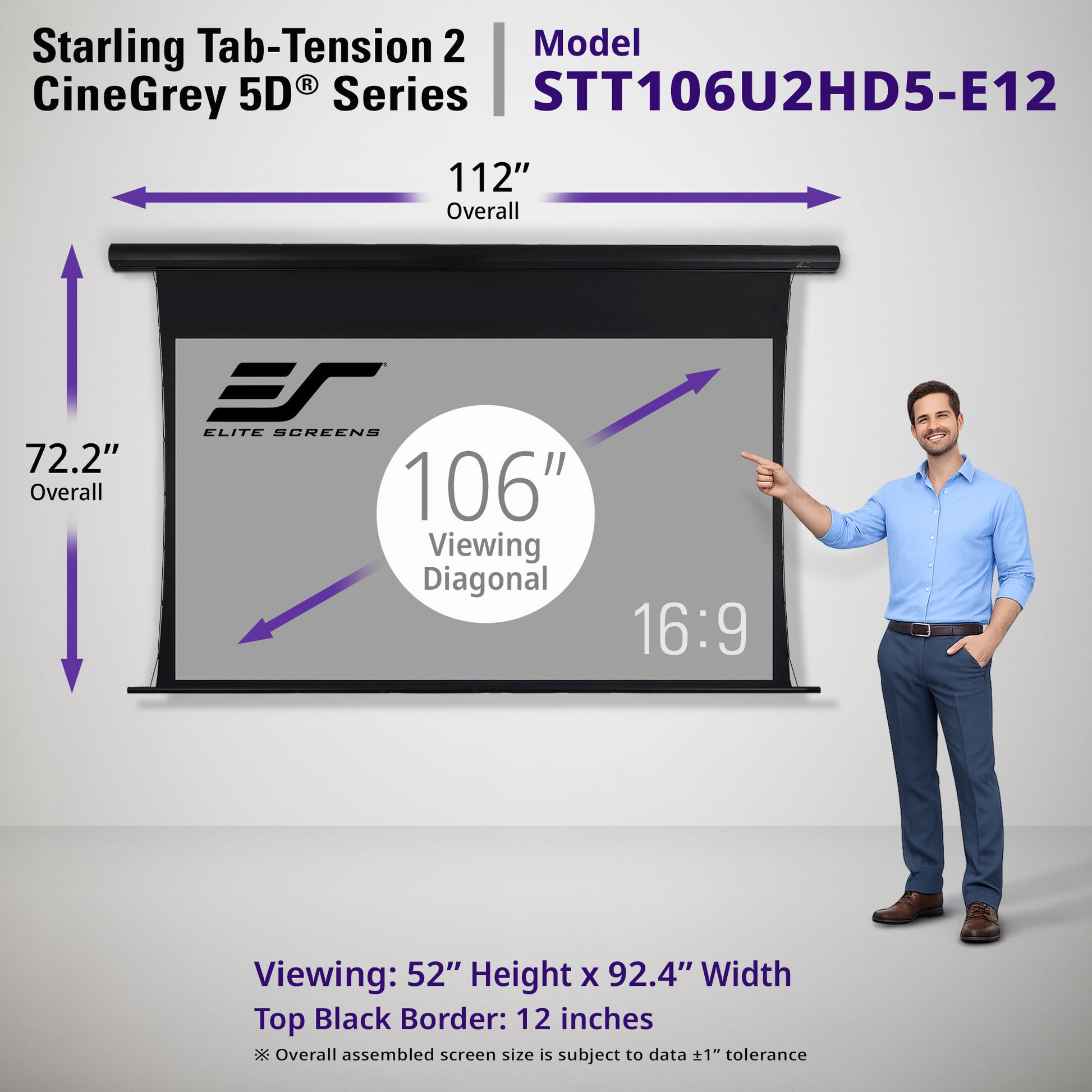 Elite Screens Starling Tab-Tension 2 CineGrey 5D Series 106" projector screen with dimensions and a person pointing at it.