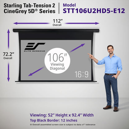 Elite Screens Starling Tab-Tension 2 CineGrey 5D Series 106" projector screen with dimensions and a person pointing at it.