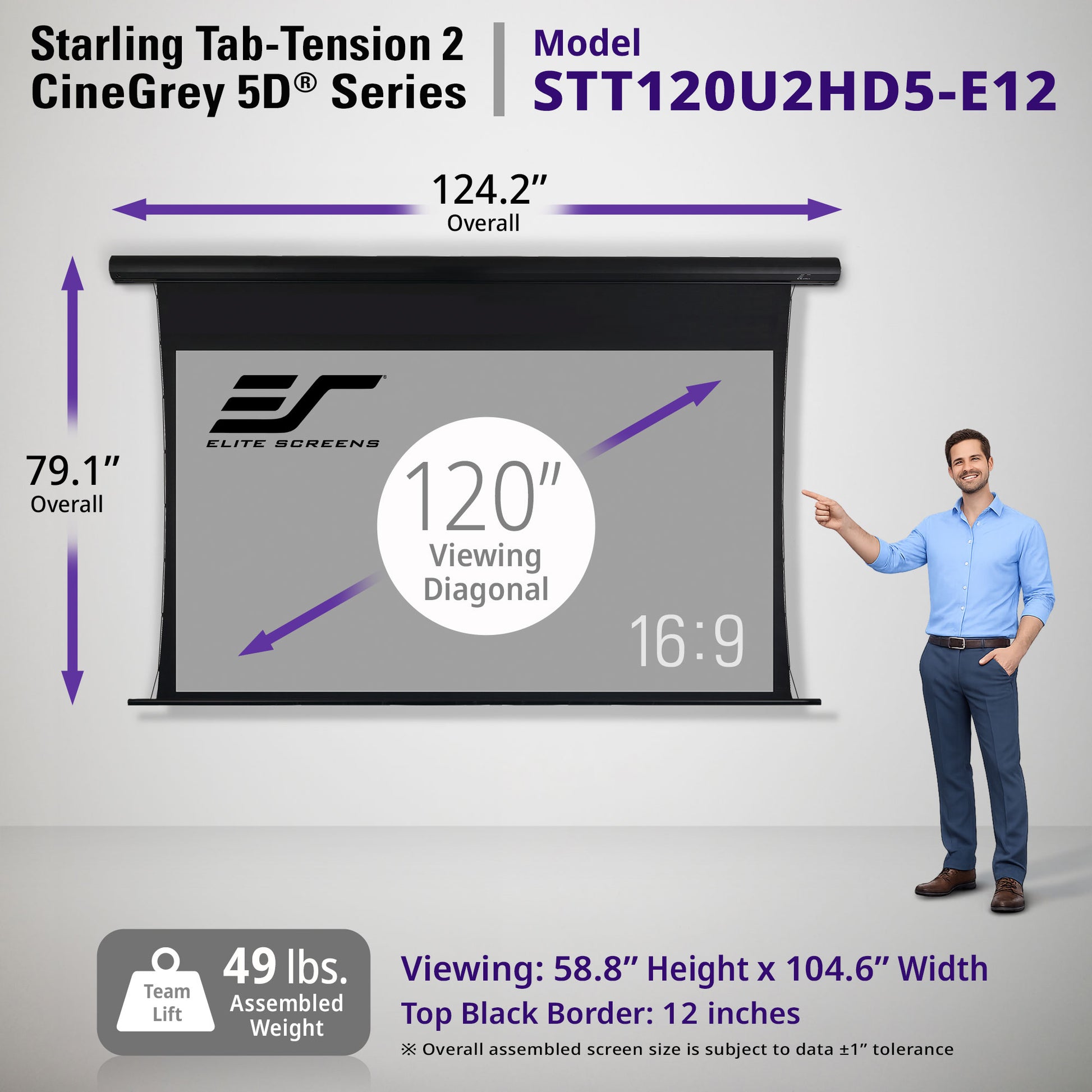 Elite Screens Starling Tab-Tension 2 120" projector screen with dimensions and features displayed.