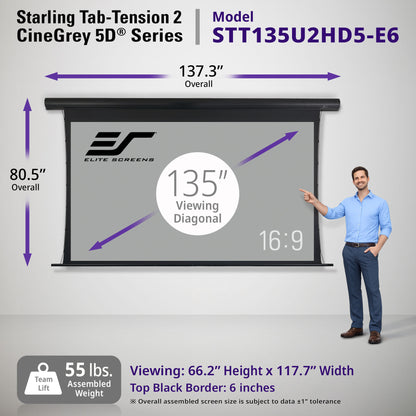 Elite Screens Starling Tab-Tension 2 CineGrey 5D Series 135" projector screen with dimensions and features displayed.