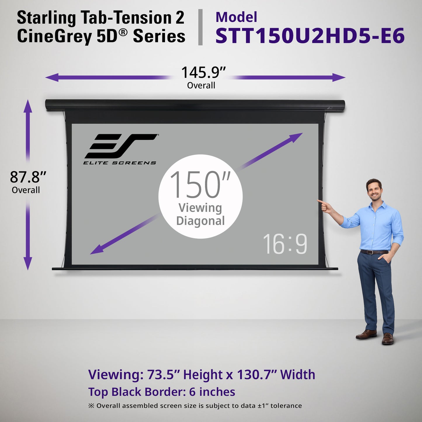 Elite Screens Starling Tab-Tension 2 CineGrey 5D projector screen 150" with dimensions and a person for scale on a gray background