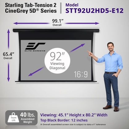 Elite Screens Starling Tab-Tension 2 CineGrey 5D Series 92" projector screen with dimensions and a person pointing at it.