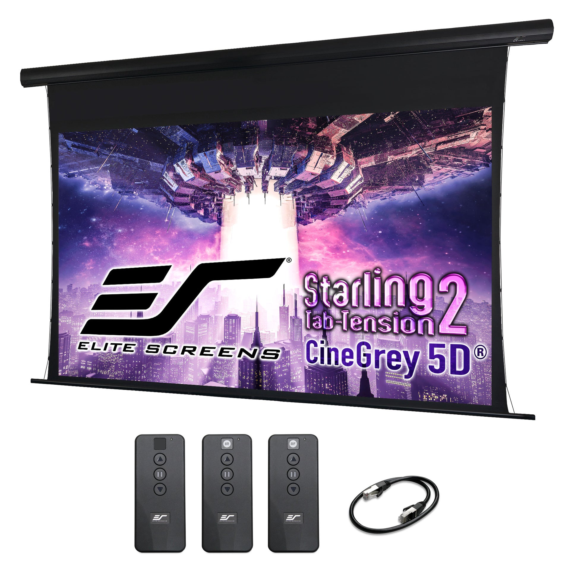 Elite Screens Starling 2 CineGray 5D projector screen with remote controls and cable on a white background