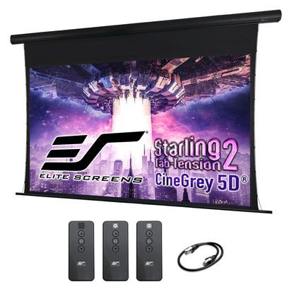 Elite Screens Starling 2 CineGray 5D projector screen with remote controls and cable on a white background