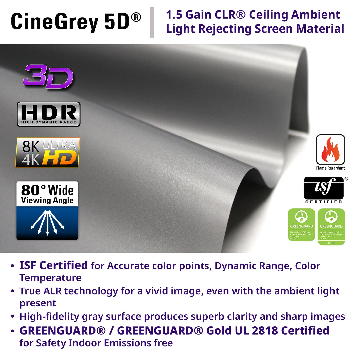 CineGrey 5D screen material with features and certifications listed