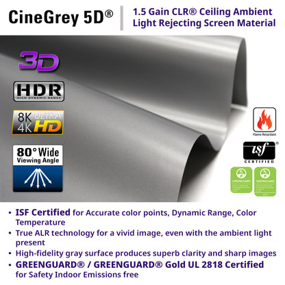 CineGrey 5D screen material with features and certifications listed