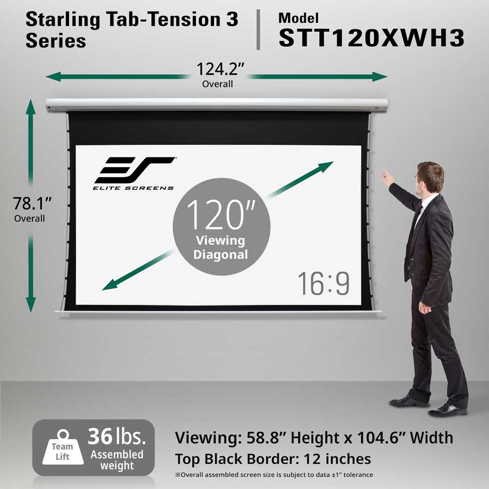Elute Screens Starling Tab-Tension 3 Series 110-inch projection screen shown with dimension callouts, a man in a suit pointing to the screen, and product specs on a gray background.