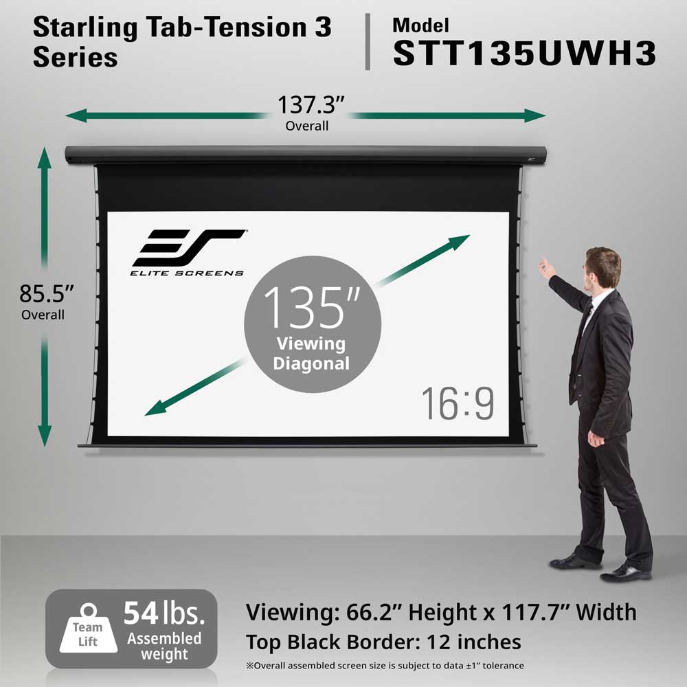 Elite Screens Starling Tab-Tension 3 Series model STT135UWH3 135-inch projection screen shown with dimension arrows, a man in a suit pointing to the screen, and product specs on a light gray background.