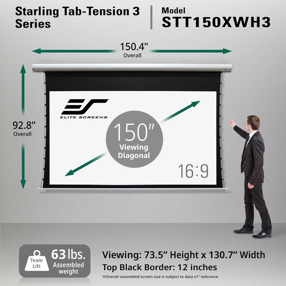 Elite Screens Starling Tab-Tension 3 Series model STT150XWH3 retractable projection screen shown with dimension arrows indicating 150.4 inches wide and 92.